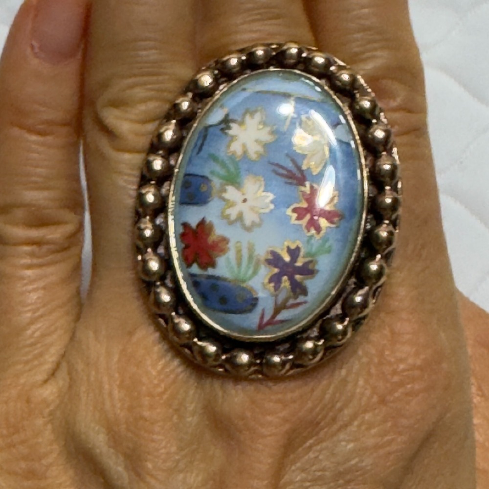 Sz 8.25 Amy Kahn Russel Bronze Hand Painted Flower Statement Ring Floral Blue - Picture 3 of 14